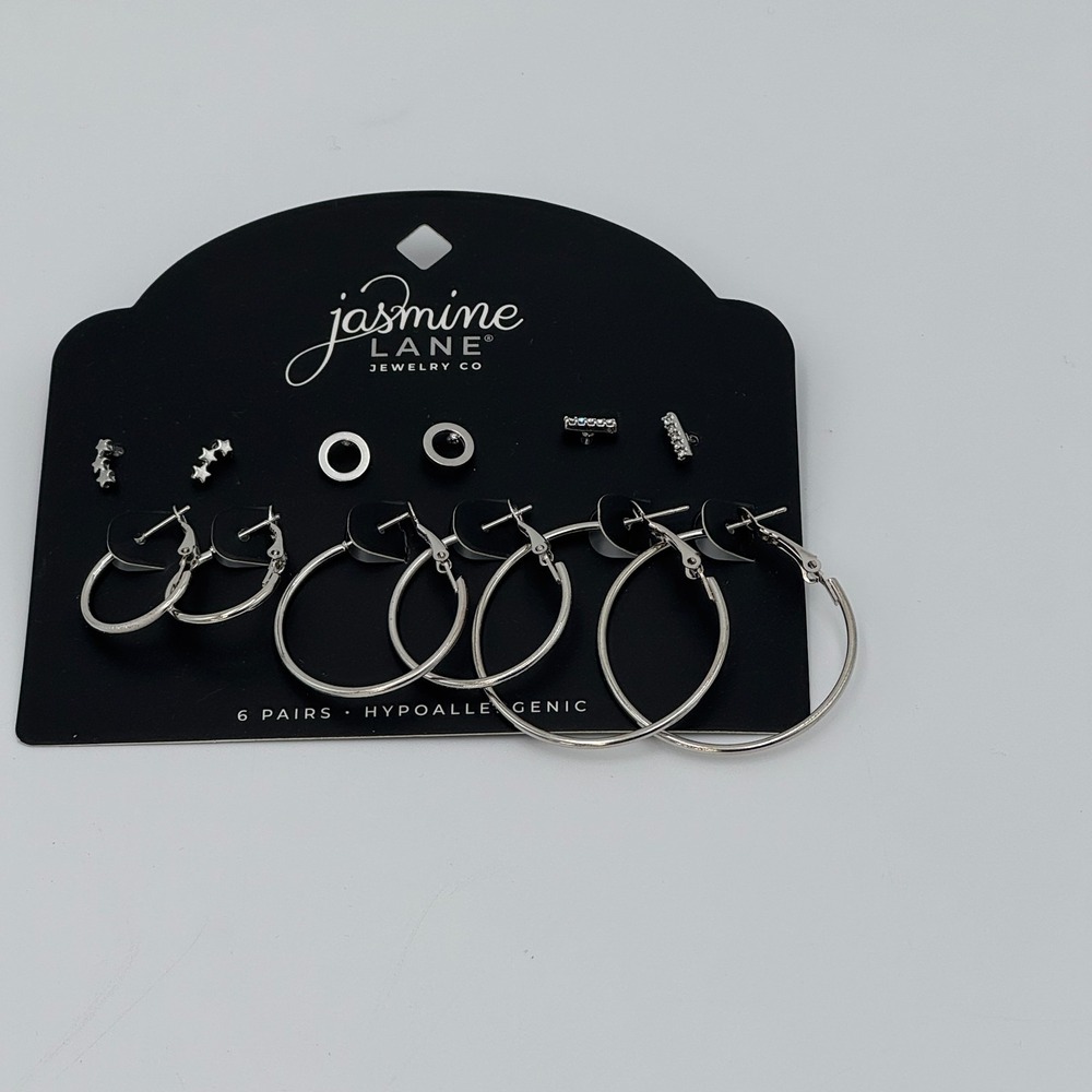 Jasmine Lane Silver Stud & Hoop Earring Set 6 Piece‎ Hypoallergenic NWT - Picture 4 of 5
